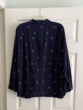 Talbots Navy Blouse with Pink & Teal Ski Motif